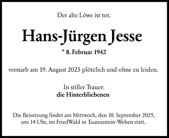 Traueranzeige von Hans-Jürgen Jesse von Wiesbadener Kurier