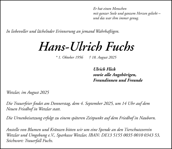Traueranzeige von Hans-Ulrich Fuchs von Wetzlarer Neue Zeitung