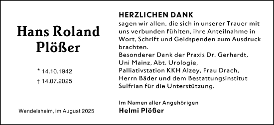 Traueranzeige von Hans Roland Plößer von Allgemeine Zeitung Alzey