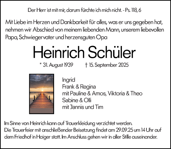Traueranzeige von Heinrich Schüler von Dill Block