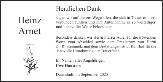 Traueranzeige von Heinz Arnet von Darmstädter Echo