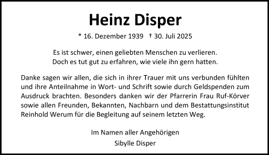 Traueranzeige von Heinz Disper von Allgemeine Zeitung Mainz