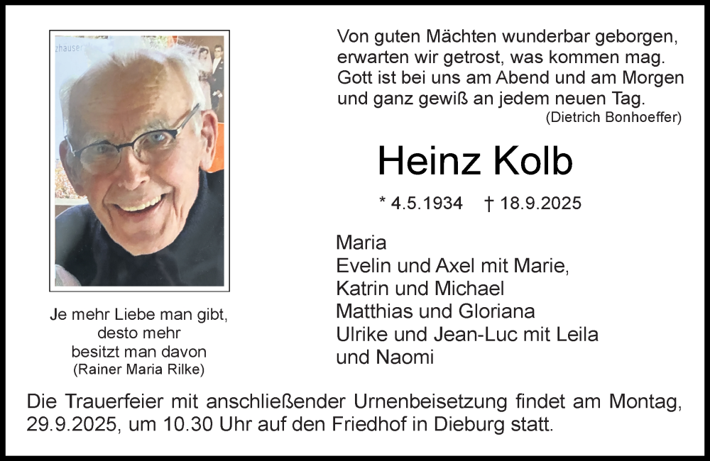  Traueranzeige für Heinz Kolb vom 27.09.2025 aus Dieburger Anzeiger/Groß-Zimmerner Lokal-Anzeiger