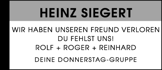Traueranzeige von Heinz Siegert von Wiesbadener Kurier