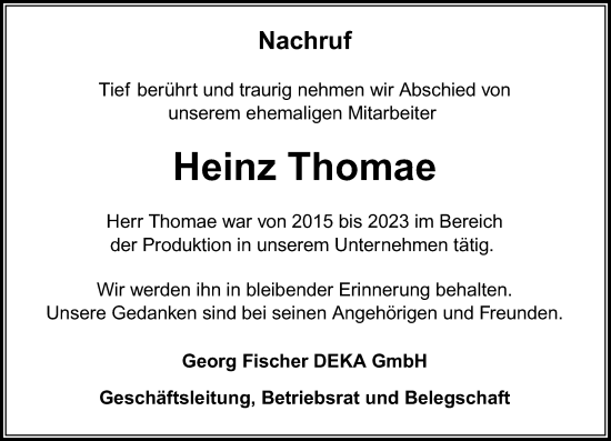 Traueranzeige von Heinz Thomae von Hinterländer Anzeiger