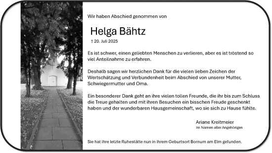 Traueranzeige von Helga Bähtz von Hochheimer Zeitung