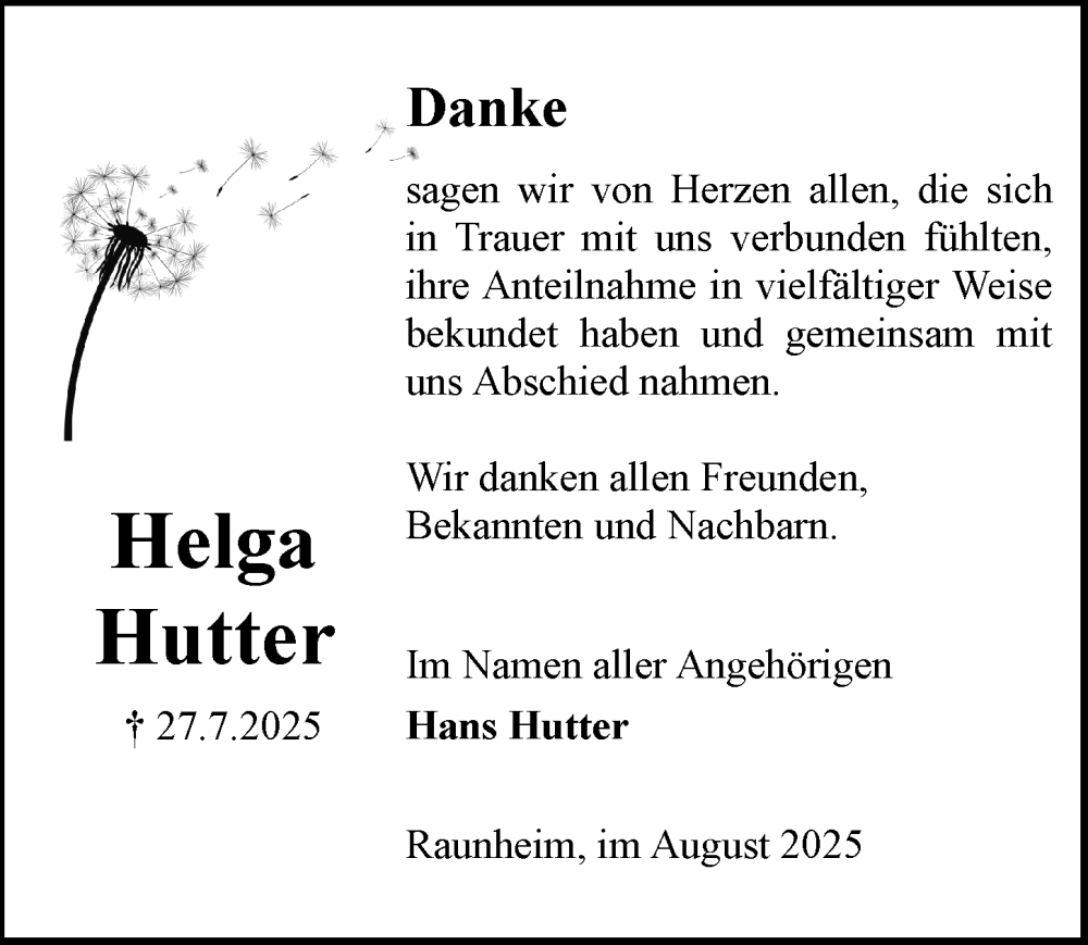  Traueranzeige für Helga Hutter vom 30.08.2025 aus Rüsselsheimer Echo