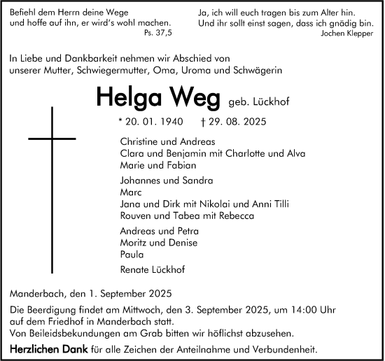 Traueranzeige von Helga Weg von Dill Block