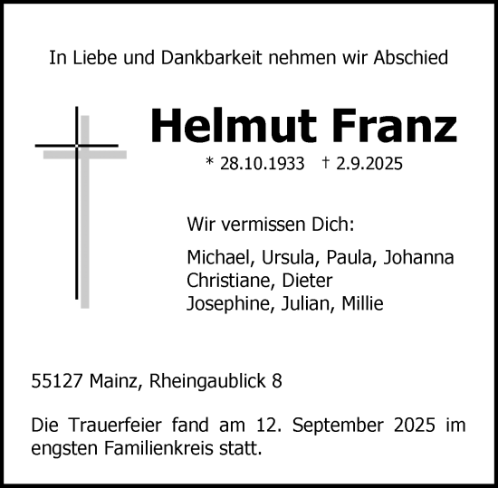 Traueranzeige von Helmut Franz von Allgemeine Zeitung Mainz