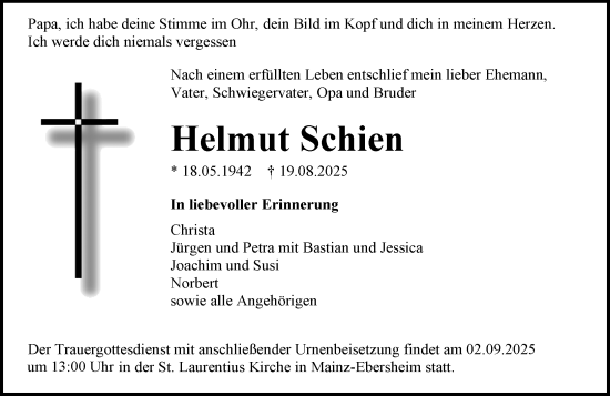 Traueranzeige von Helmut Schien von Allgemeine Zeitung Mainz