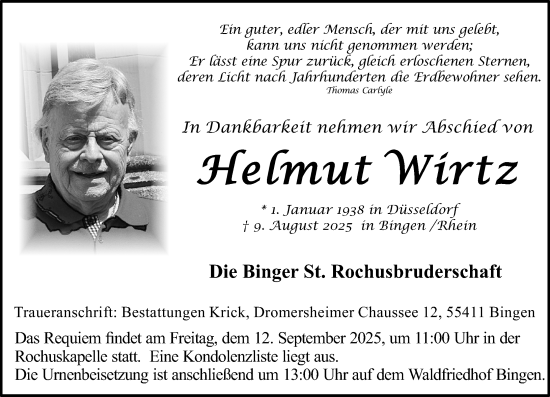Traueranzeige von Helmut Wirtz von Allgemeine Zeitung Rheinhessen-Nahe