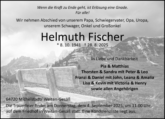 Traueranzeige von Helmuth Fischer von Odenwälder Echo