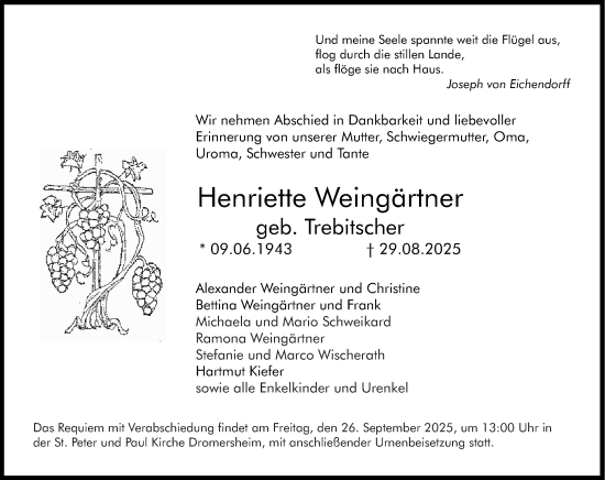 Traueranzeige von Henriette Weingärtner von Binger-/Ingelheimer Wochenblatt