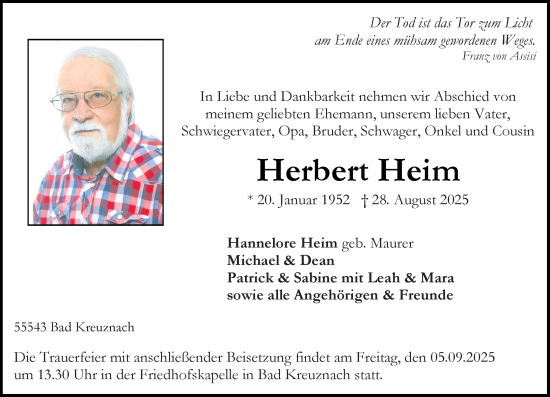 Traueranzeige von Herbert Heim von Allgemeine Zeitung Rheinhessen-Nahe