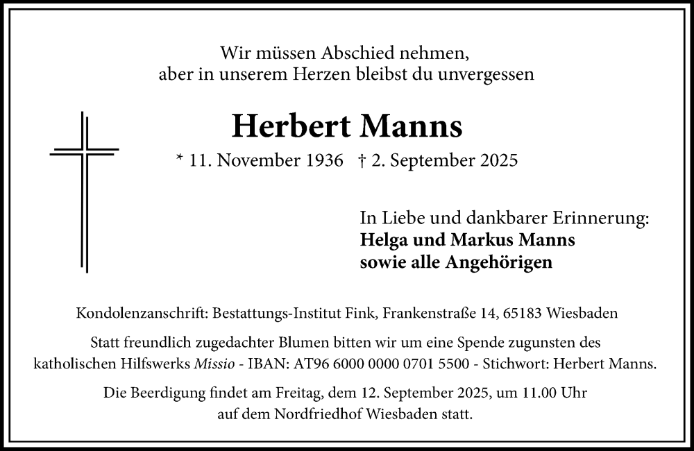  Traueranzeige für Herbert Manns vom 06.09.2025 aus Wiesbadener Kurier