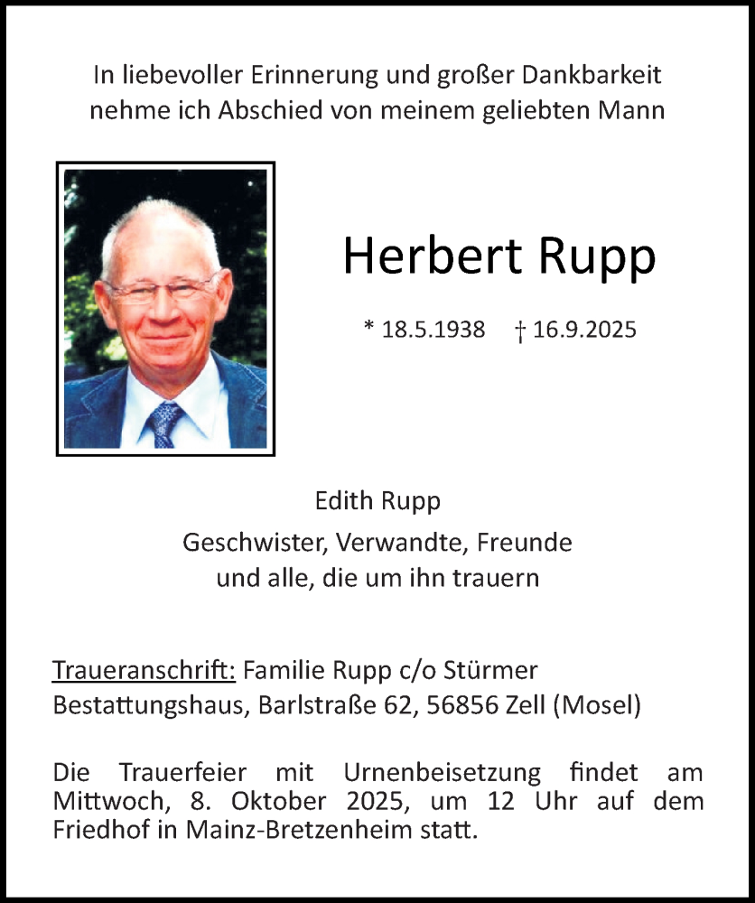  Traueranzeige für Herbert Rupp vom 27.09.2025 aus Allgemeine Zeitung Mainz