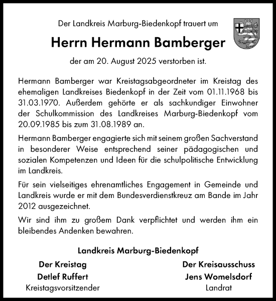 Traueranzeige von Hermann Bamberger von Hinterländer Anzeiger