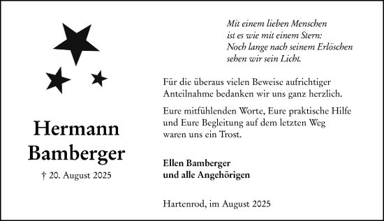 Traueranzeige von Hermann Bamberger von Hinterländer Anzeiger