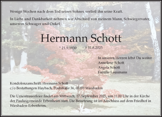 Traueranzeige von Hermann Schott von Wiesbadener Kurier