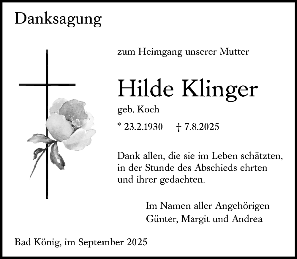  Traueranzeige für Hilde Klinger vom 20.09.2025 aus Odenwälder Echo