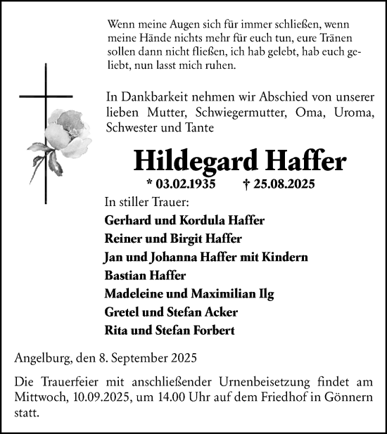 Traueranzeige von Hildegard Haffer von Hinterländer Anzeiger