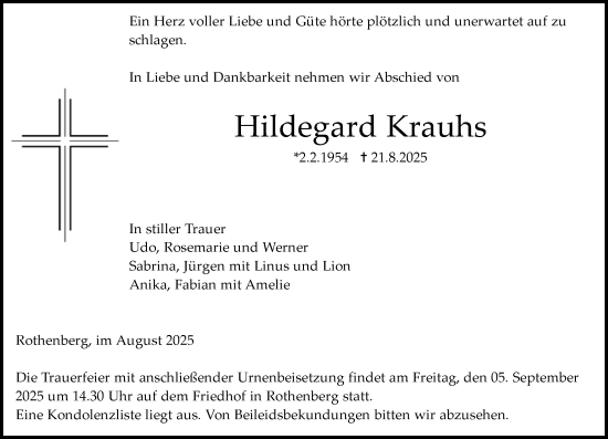 Traueranzeige von Hildegard Krauhs von Odenwälder Echo