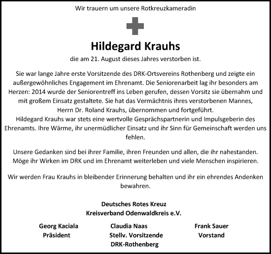 Traueranzeige von Hildegard Krauhs von Odenwälder Echo