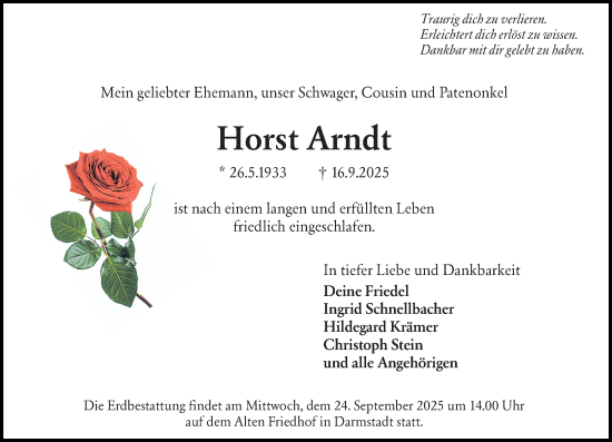 Traueranzeige von Horst Arndt von Darmstädter Echo