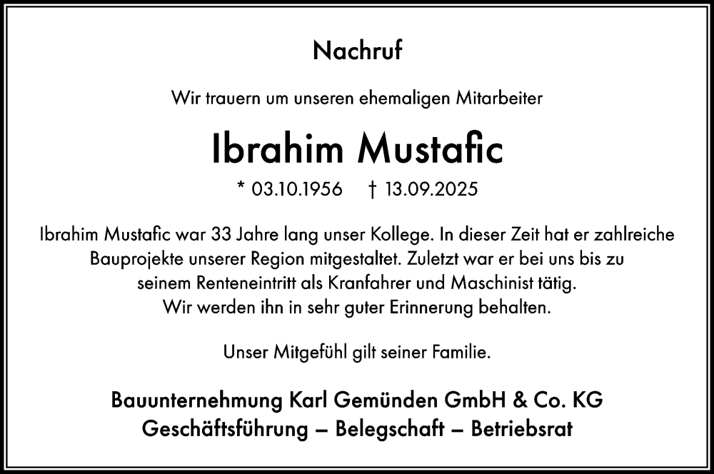  Traueranzeige für Ibrahim Mustafic vom 20.09.2025 aus Allgemeine Zeitung Rheinhessen-Nahe