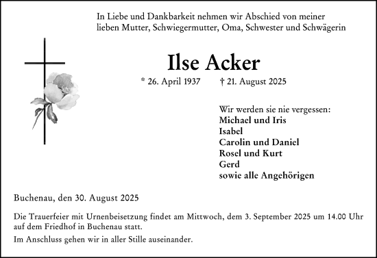 Traueranzeige von Ilse Acker von Hinterländer Anzeiger