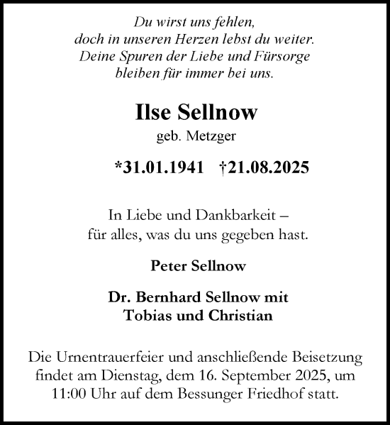 Traueranzeige von Ilse Sellnow von Darmstädter Echo