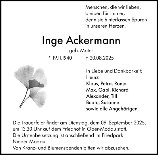 Traueranzeige von Inge Ackermann von Darmstädter Echo