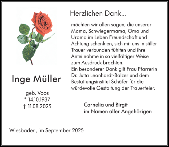 Traueranzeige von Inge Müller von Wiesbadener Kurier