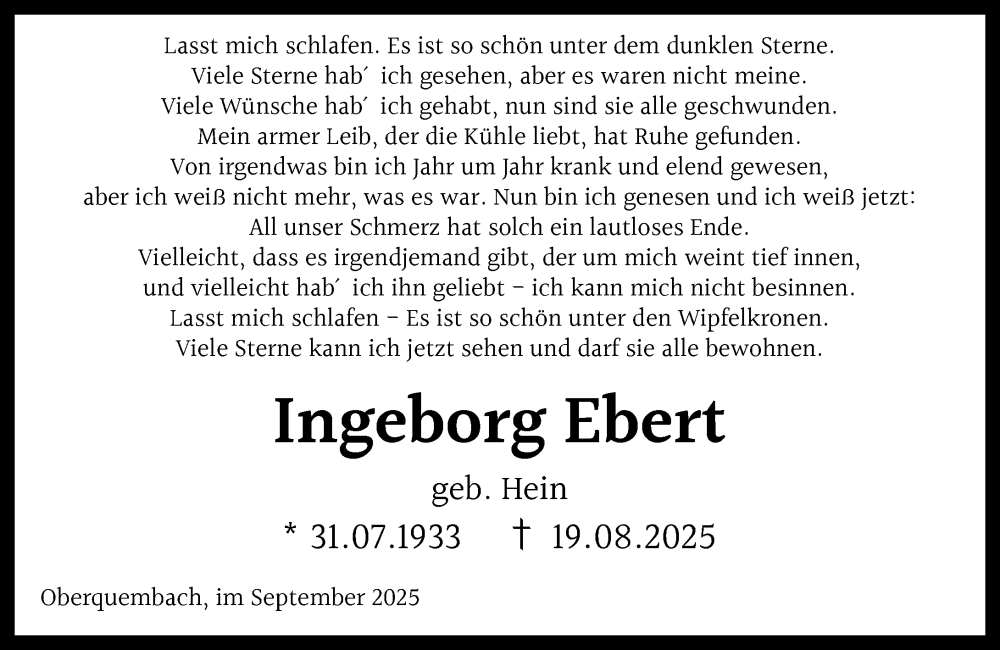  Traueranzeige für Ingeborg Ebert vom 27.09.2025 aus Wetzlarer Neue Zeitung