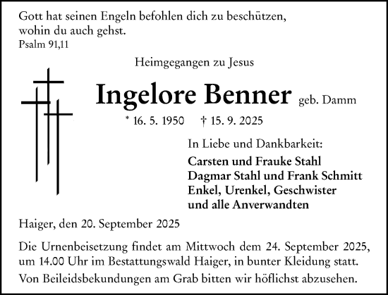 Traueranzeige von Ingelore Benner von Dill Block