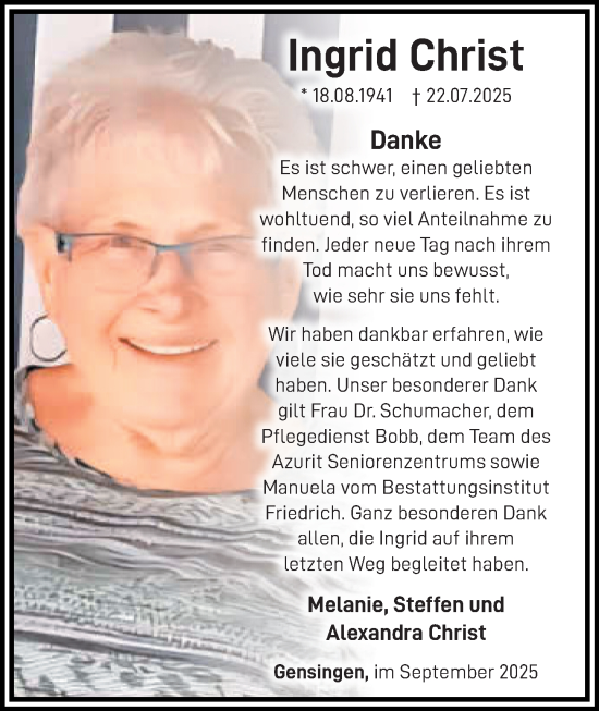 Traueranzeige von Ingrid Christ von Allgemeine Zeitung Rheinhessen-Nahe