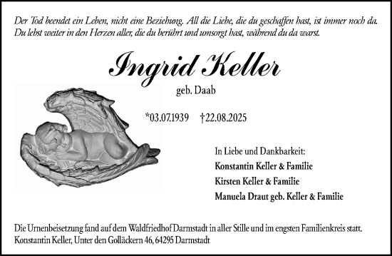Traueranzeige von Ingrid Keller von Darmstädter Echo