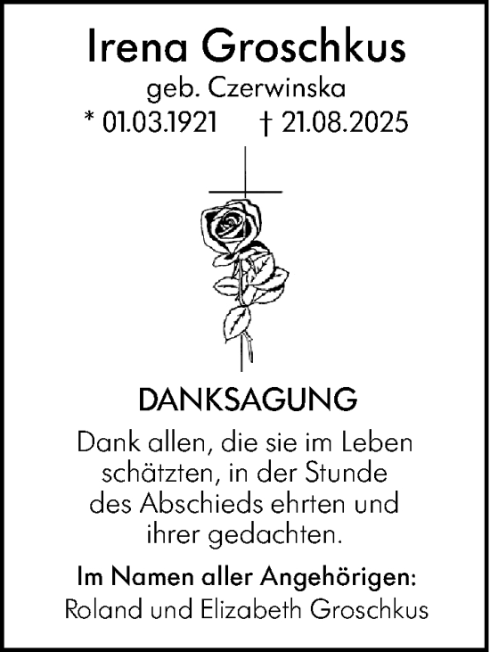 Traueranzeige von Irena Groschkus von Dill Block