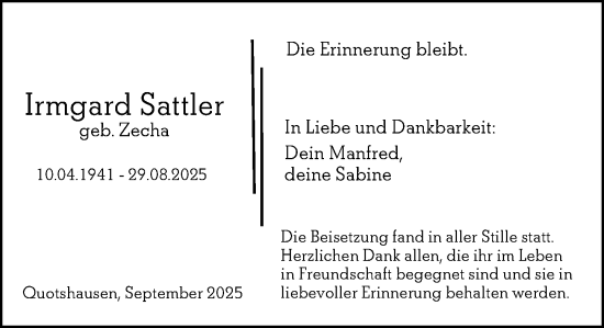 Traueranzeige von Irmgard Sattler von Hinterländer Anzeiger