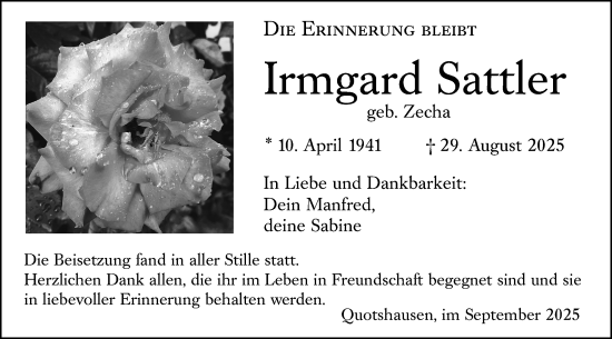 Traueranzeige von Irmgard Sattler von Hinterländer Anzeiger