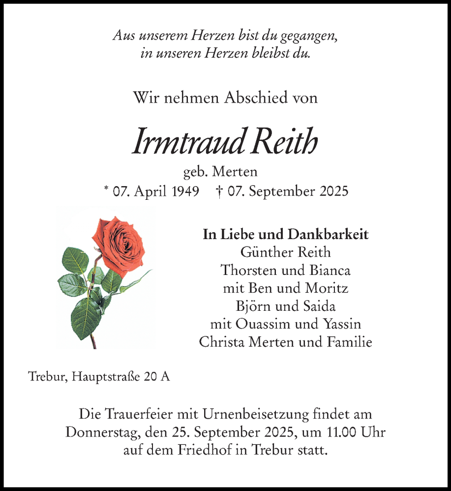  Traueranzeige für Irmtraud Reith vom 20.09.2025 aus Rüsselsheimer Echo