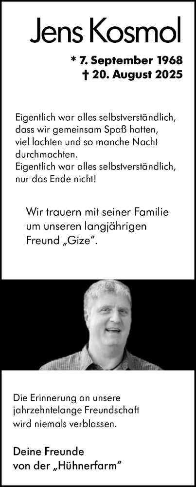Traueranzeige von Jens Kosmol von Weilburger Tageblatt