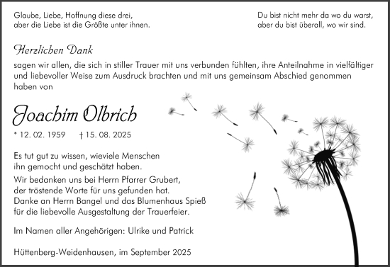 Traueranzeige von Joachim Olbrich von Wetzlarer Neue Zeitung