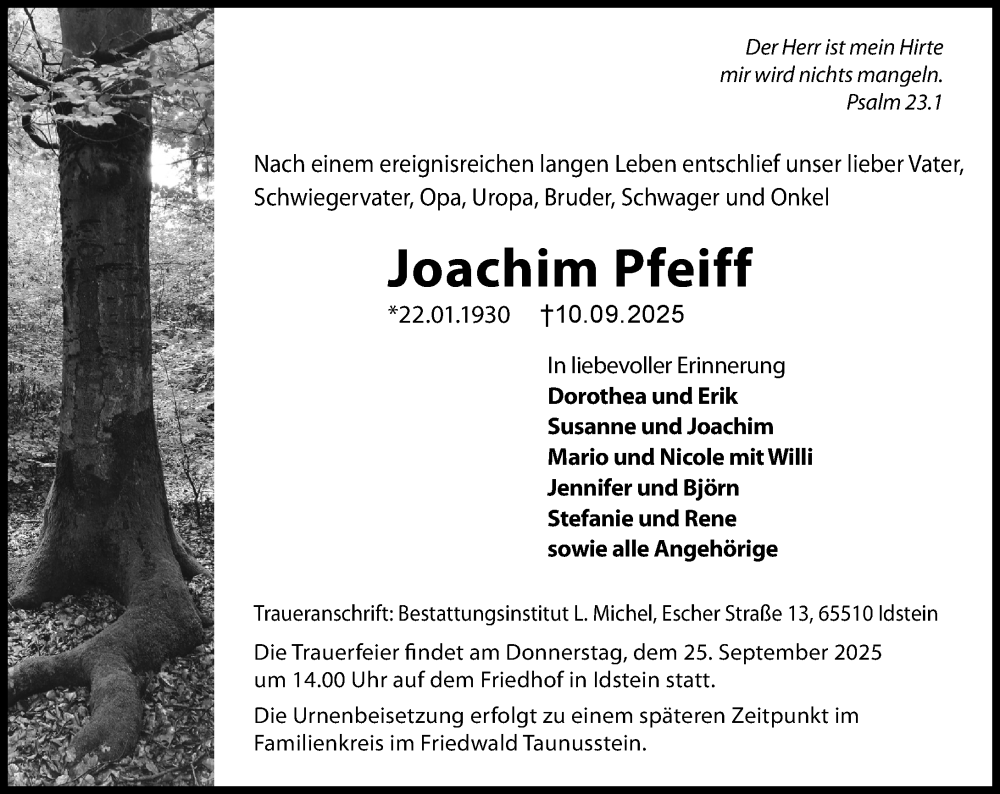  Traueranzeige für Joachim Pfeiff vom 20.09.2025 aus Idsteiner Land/Untertaunus