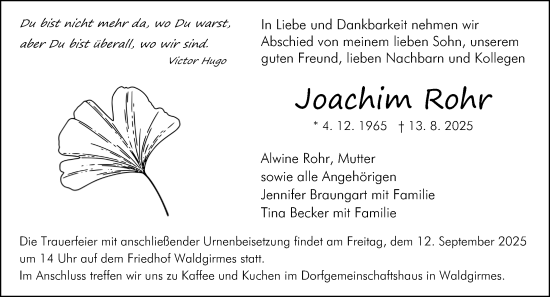 Traueranzeige von Joachim Rohr von Wetzlarer Neue Zeitung