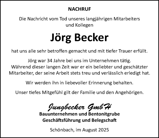 Traueranzeige von Jörg Becker von Dill Block