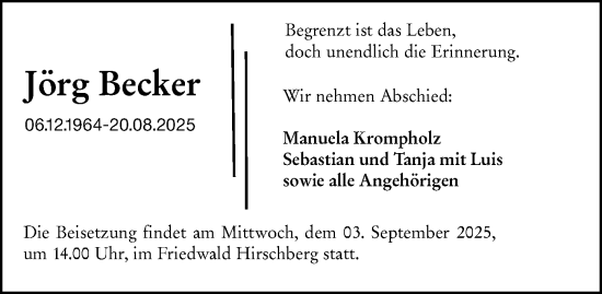 Traueranzeige von Jörg Becker von Dill Block