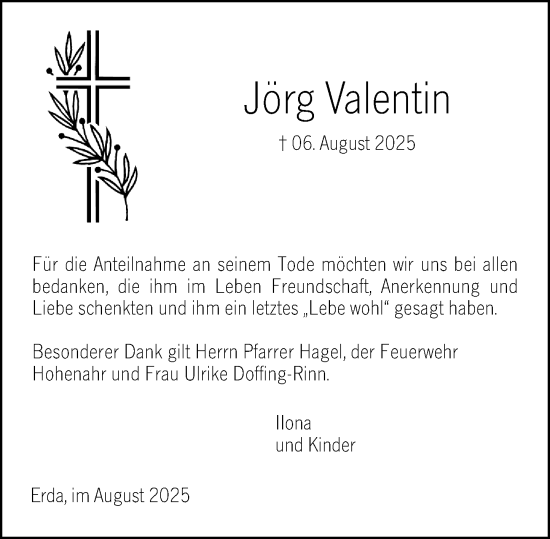 Traueranzeige von Jörg Valentin von Wetzlarer Neue Zeitung