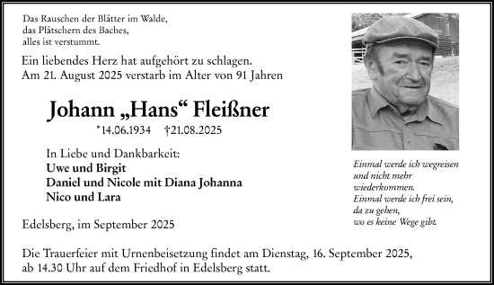 Traueranzeige von Johann Fleißner von Weilburger Tageblatt