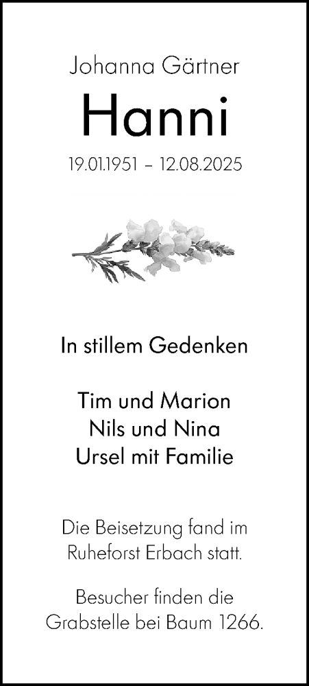 Traueranzeige von Johanna Gärtner von Odenwälder Echo